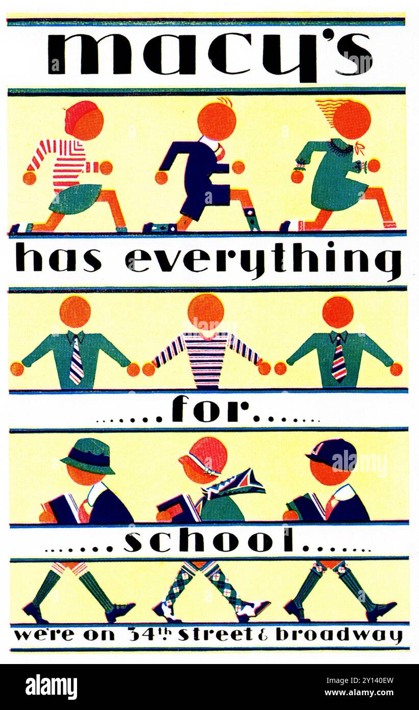 1929 Macy's grand magasin publicité de vêtements pour enfants - 'Macy's a tout pour l'école' - 'We're on 34th Street & Broadway' Banque D'Images