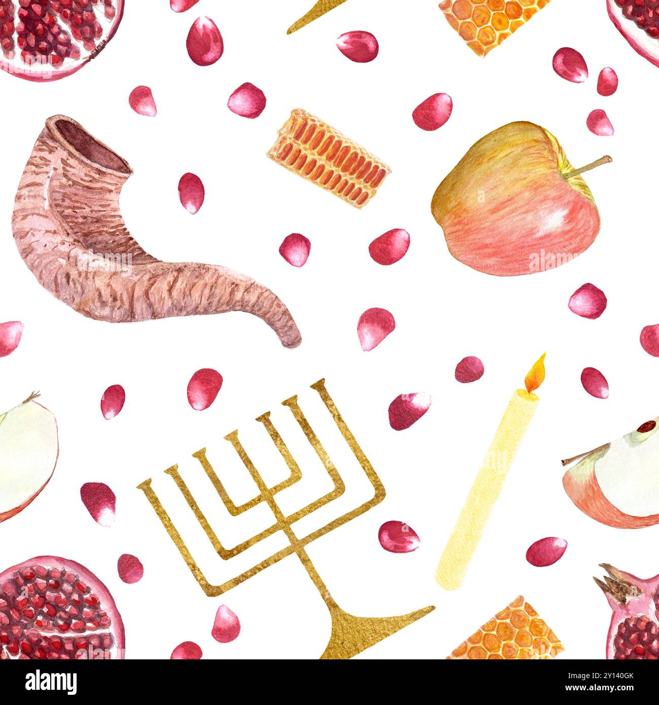 Shofar, pomme, grenade, nid d'abeille, menorah, bougie peint à la main motif sans couture aquarelle isolé sur blanc. Parfait pour Rosh Hashanah, Yom Banque D'Images