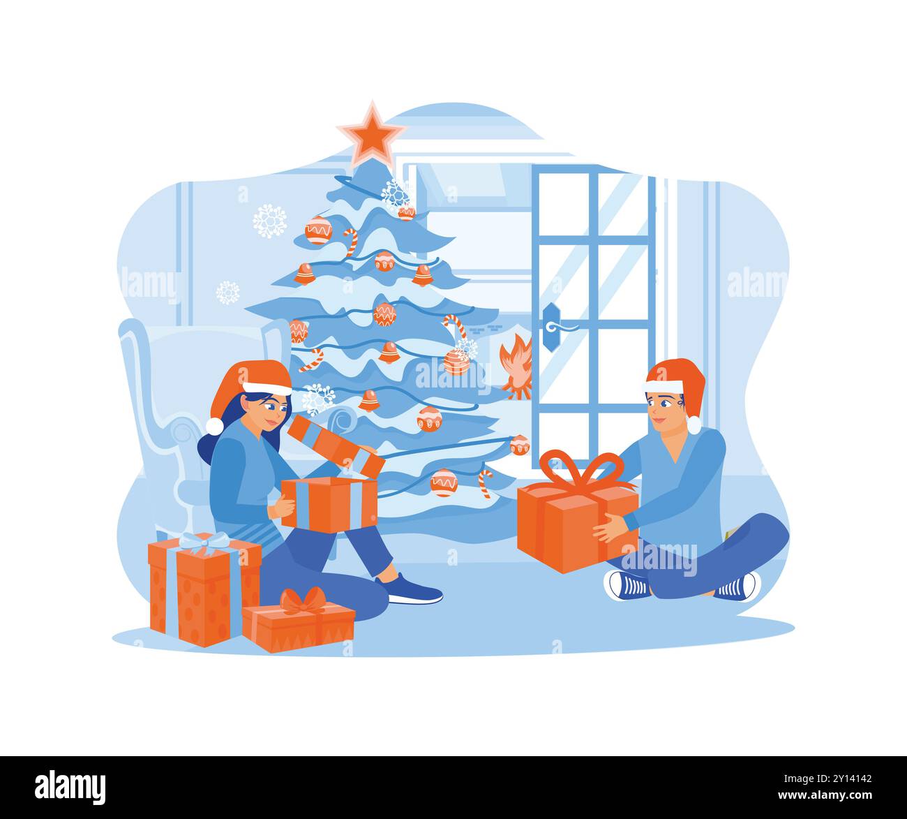 Un jeune couple heureux ouvre des cadeaux de Noël ensemble sous le sapin de Noël. Famille partageant le concept de la veille de Noël. vecteur plat tendance moderne illu Illustration de Vecteur