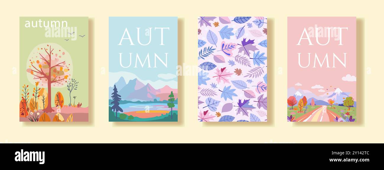 Un ensemble de quatre affiches vectorielles verticales présentant diverses conceptions sur le thème de l'automne. Les affiches comprennent des illustrations de paysages, de feuillage et de typographie, le tout dans une palette de couleurs pastel douces. Idéal pour le décor saisonnier, le matériel marketing, ou les projets de design graphique à thème... Illustration de Vecteur