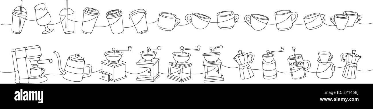 Service à café. Bouilloire col de cygne, moulin, cafetière italienne, tasses, portafilter, pot turc, presse française illustration continue d'une ligne. Illustration de Vecteur