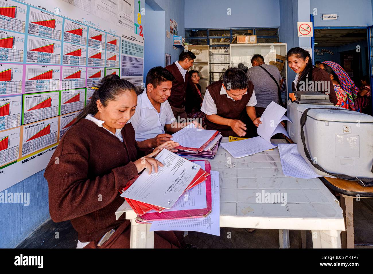 Bureau du centre de santé, San Bartolomé Jocotenango, municipalité du département de Quiché, Guatemala, Amérique centrale. Banque D'Images