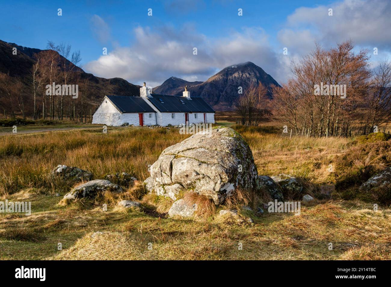 Maison typique de la vallée de Glen Coe, Lochaber Geopark,, Highlands, Ecosse, Royaume-Uni. Banque D'Images