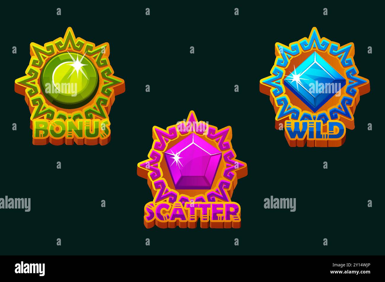 Pierres précieuses dans les cadres de disque solaire, icônes D'APPLICATION - BONUS, WILD et SCATTER pour les jeux de machines à sous. Ressources de jeu 2D. Illustration de Vecteur