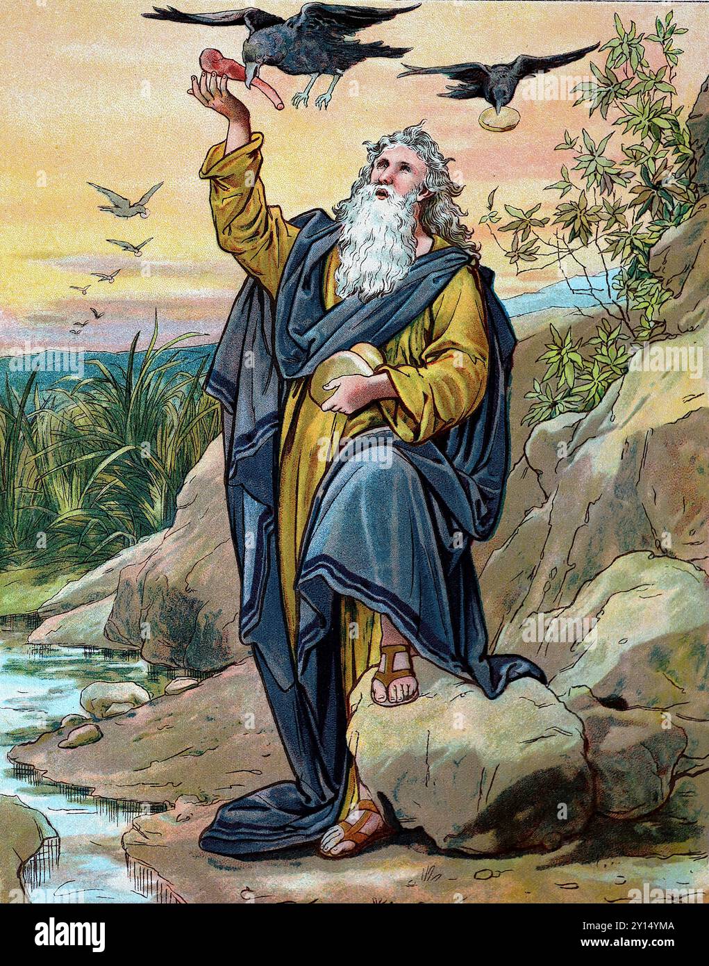 Un homme barbu, le prophète Elijah, nourrissant les corbeaux. Tiré d'une collection de gravures en couleur d'illustrations de John Lawson (1838-1908), publiée dans un livre d'histoires bibliques, c1897. Lawson est né à Dunfermline, Fyfe, en Écosse, mais a passé une grande partie de sa vie en Angleterre. Il est devenu connu pour ses sculptures, peintures et vitraux. Banque D'Images