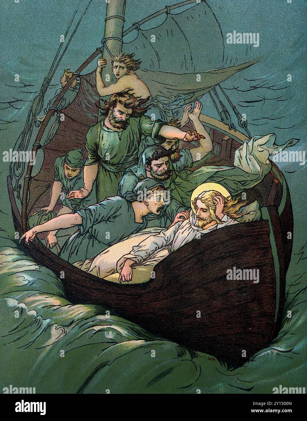 Paix, sois tranquille (Jésus dormant pendant la tempête) : Jésus et quelques-uns de ses disciples dans un petit bateau sur la mer orageuse. Tiré d'une collection de gravures en couleur d'illustrations de John Lawson (1838-1908), publiée dans un livre d'histoires bibliques, c1897. Lawson est né à Dunfermline, Fyfe, en Écosse, mais a passé une grande partie de sa vie en Angleterre. Il est devenu connu pour ses sculptures, peintures et vitraux. Banque D'Images