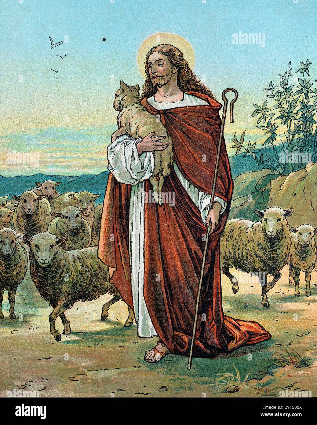 Le bon Pasteur : Jésus portant un bâton et un agneau, entouré de moutons. Tiré d'une collection de gravures en couleur d'illustrations de John Lawson (1838-1908), publiée dans un livre d'histoires bibliques, c1897. Lawson est né à Dunfermline, Fyfe, en Écosse, mais a passé une grande partie de sa vie en Angleterre. Il est devenu connu pour ses sculptures, peintures et vitraux. Banque D'Images
