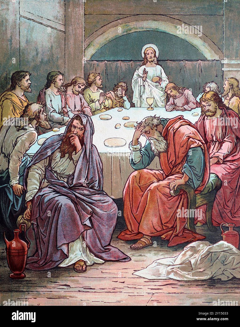 Le dernier souper : Jésus et ses disciples. Tiré d'une collection de gravures en couleur d'illustrations de John Lawson (1838-1908), publiée dans un livre d'histoires bibliques, c1897. Lawson est né à Dunfermline, Fyfe, en Écosse, mais a passé une grande partie de sa vie en Angleterre. Il est devenu connu pour ses sculptures, peintures et vitraux. Banque D'Images