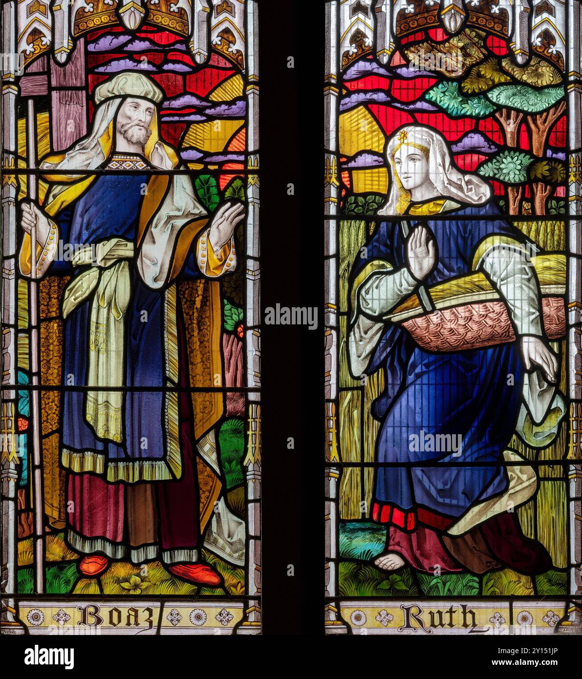 Boaz (propriétaire foncier) et Ruth (pauvre veuve) représentées par Wailes et Strang, église St Michael, Shap, Westmorland et Furness, Cumbria, ROYAUME-UNI Banque D'Images