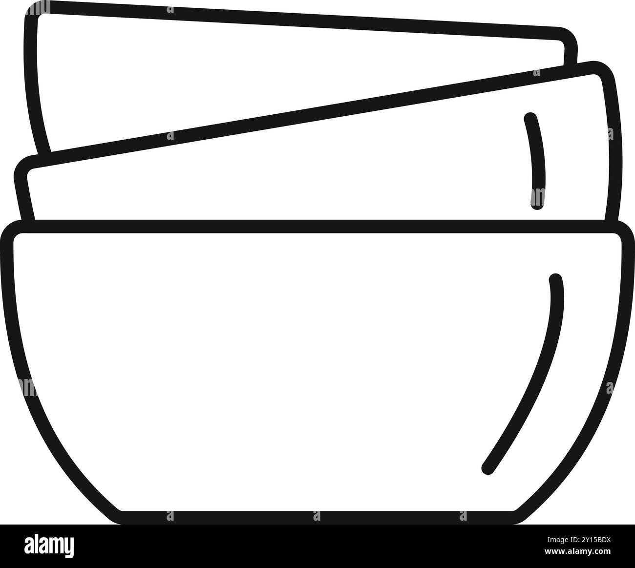 Simple dessin au trait noir et blanc de trois bols à soupe vides, empilés et en attente d'utilisation Illustration de Vecteur