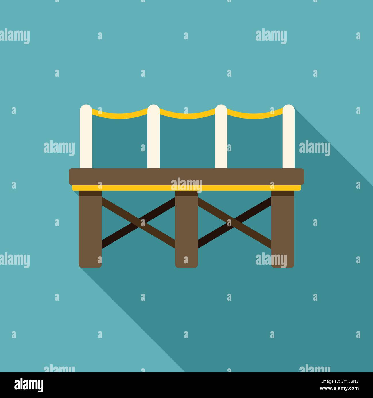 Jetée en bois avec garde-corps en corde jaune s'étendant au-dessus de l'eau bleue dans un style de conception plate avec une ombre longue Illustration de Vecteur