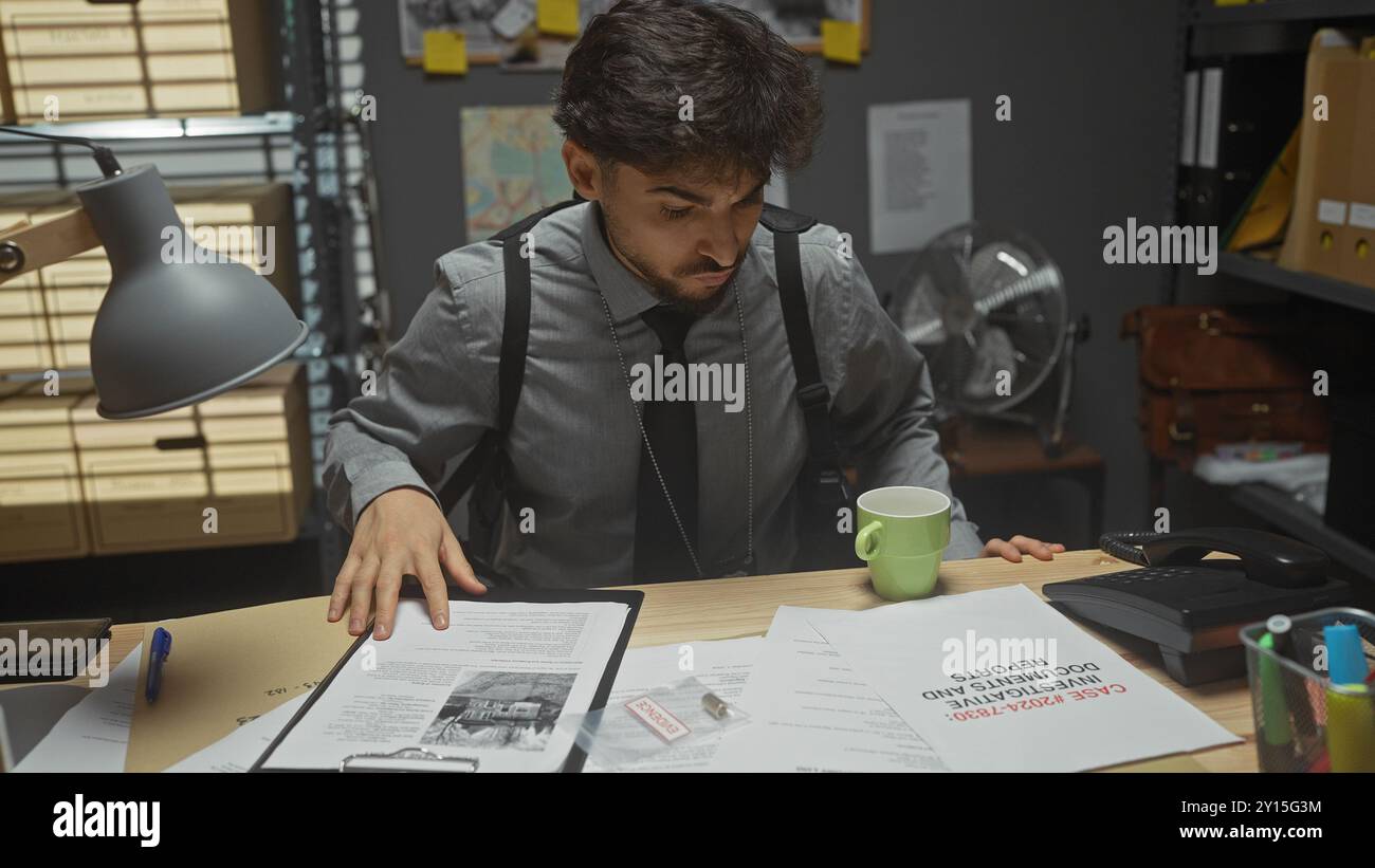 Un jeune homme arabe analyse des documents dans un cadre de bureau, évoquant des thèmes d’investigation et de travail juridique. Banque D'Images
