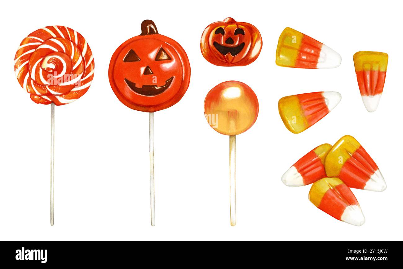 Ensemble de bonbons à l'aquarelle dessiné à la main dédiés à Halloween. Lolly, bonbons maïs et bonbons à la citrouille. L'élément jaune et orange pour la décoration rend grâce Banque D'Images