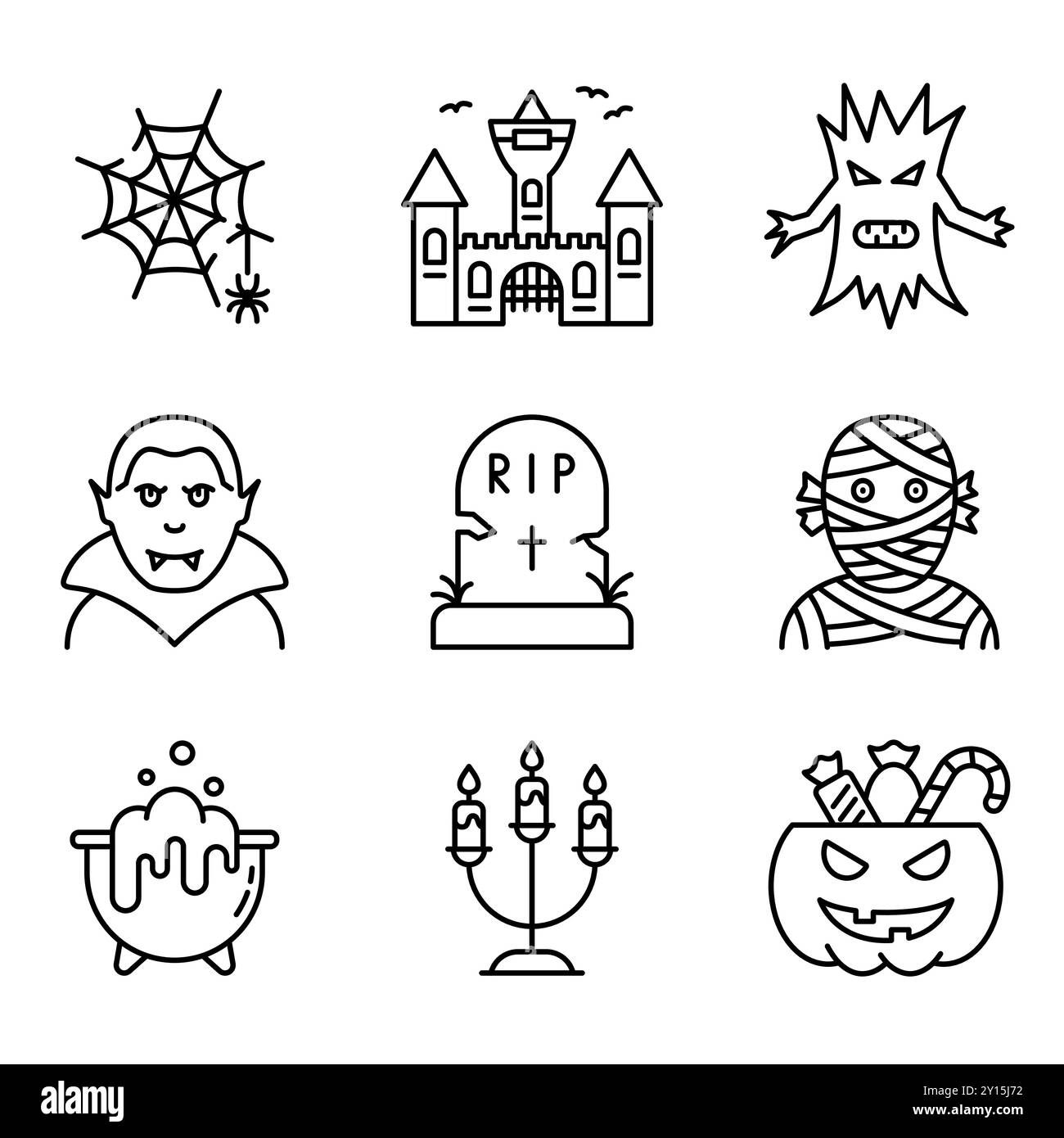 Icône de la ligne de mise en place d'Halloween. Citrouille avec bonbons, Château, Chaudron, icône Vampire Scary Magic Outline. Concept d'Halloween. Pictogramme linéaire Spooky Horror Illustration de Vecteur