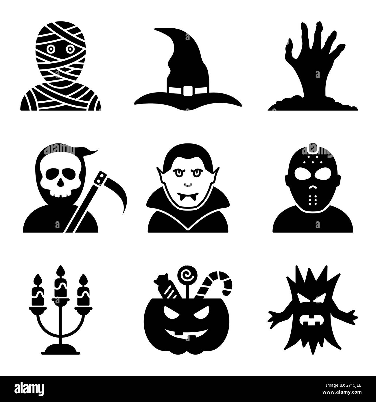 Ensemble icône silhouette d'Halloween mignon. Costume drôle de Dracula, Maman, sorcière, Grim Reaper, Vampire pour Halloween Party Glyph pictogramme. Noir effrayant Illustration de Vecteur