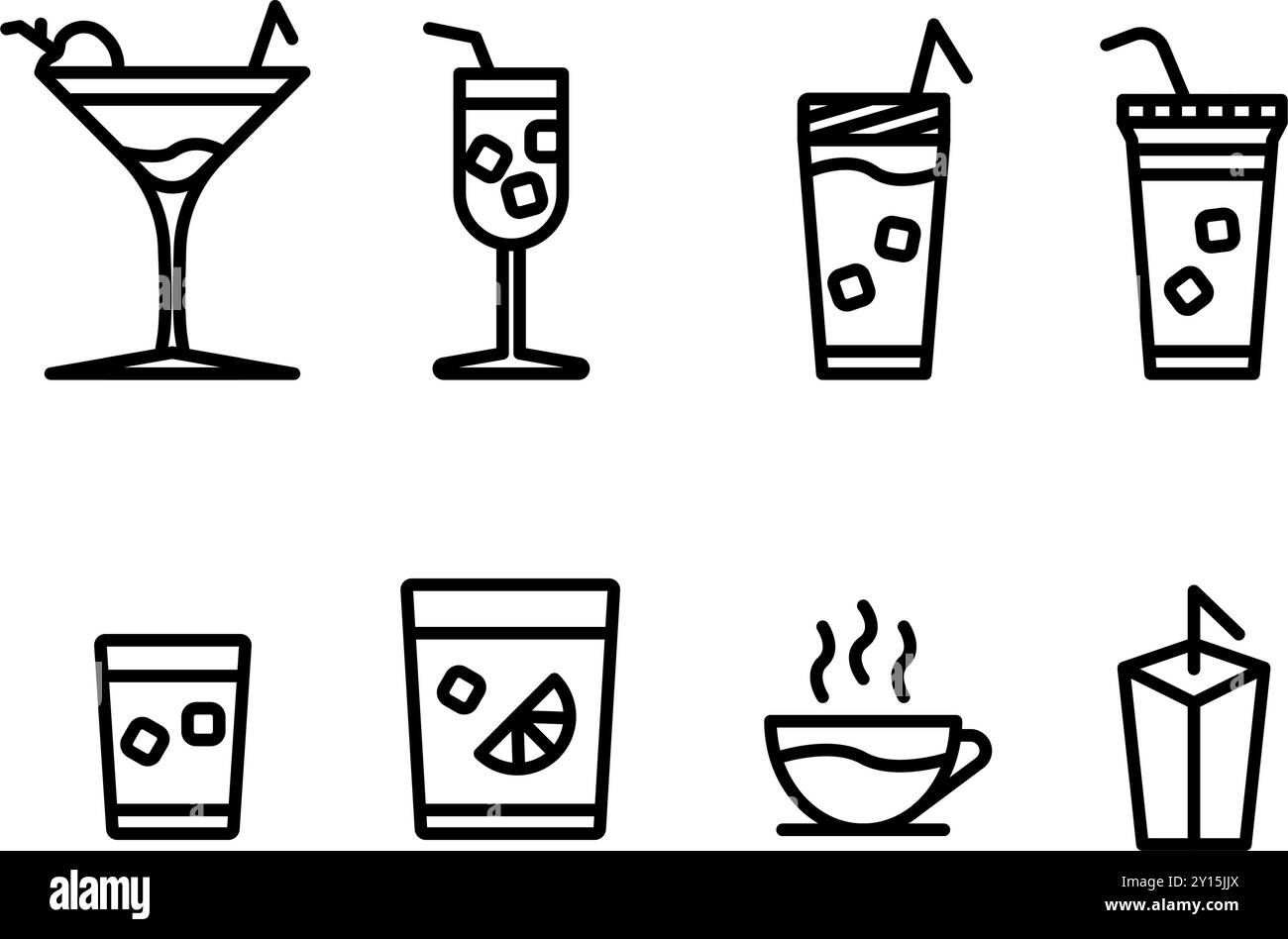 Icône Set boissons ou boissons diverses, boissons fraîches et chaudes, café, thé, lait et jus Illustration de Vecteur
