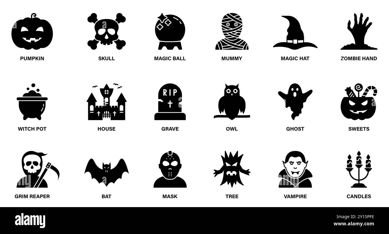 Icône de silhouette de set d'Halloween. Citrouille, fantôme, chauve-souris, tombe, bonbons, vampire, Creepy Castle Black icône pour la célébration du 31 octobre. Effrayant glyphe d'horreur Illustration de Vecteur