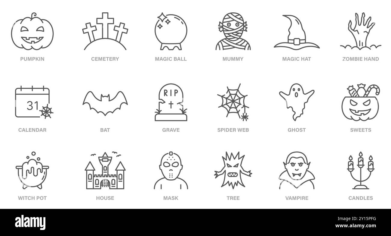 Icône de la ligne de mise en place d'Halloween. Citrouille, fantôme, chauve-souris, tombe, bonbons, vampire, Creepy Castle Black icône pour la célébration du 31 octobre. Spooky Horror Outline Illustration de Vecteur
