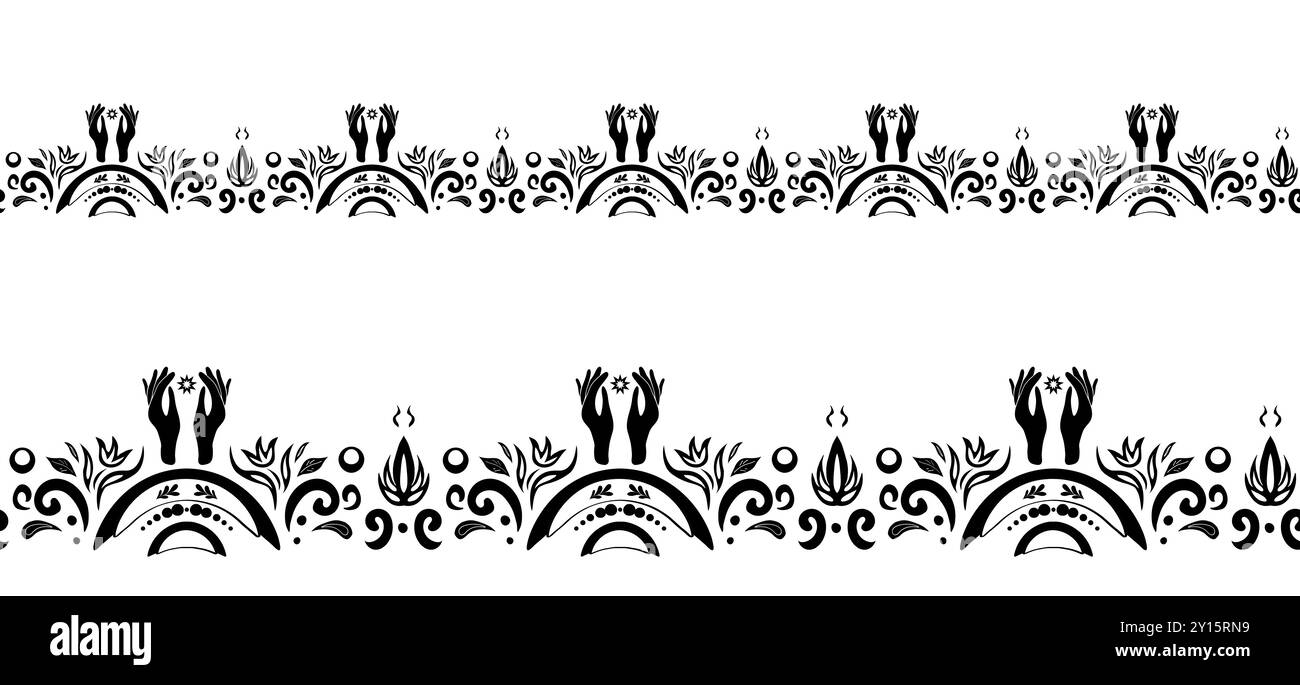 Bordure sans couture noire et blanche, ornement, avec des symboles mystiques, lune, étoiles, mains, griffonnages. Bordure pour textiles, livres, cartes postales, vaisselle. Illustration de Vecteur