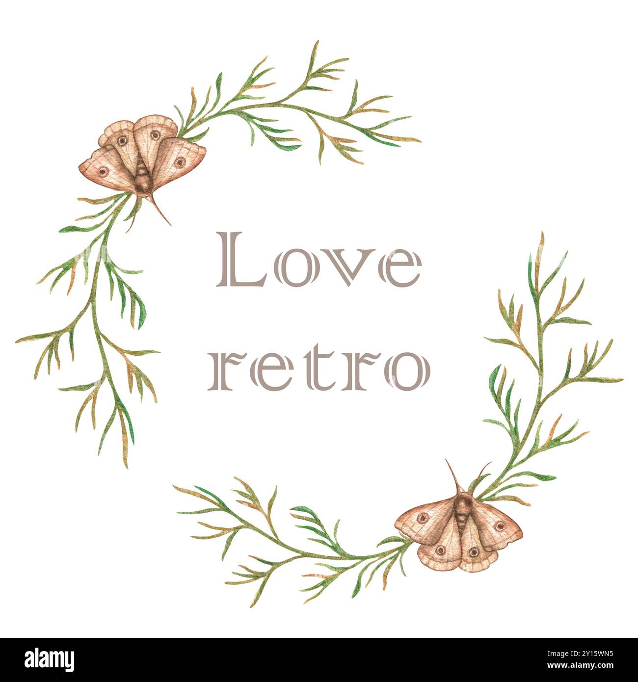 Cadre floral en aquarelle. Une couronne peinte à la main de brindilles de fleurs séchées et de papillons dans un style vintage. Fleurs sauvages. Cadre sur un dos blanc Banque D'Images