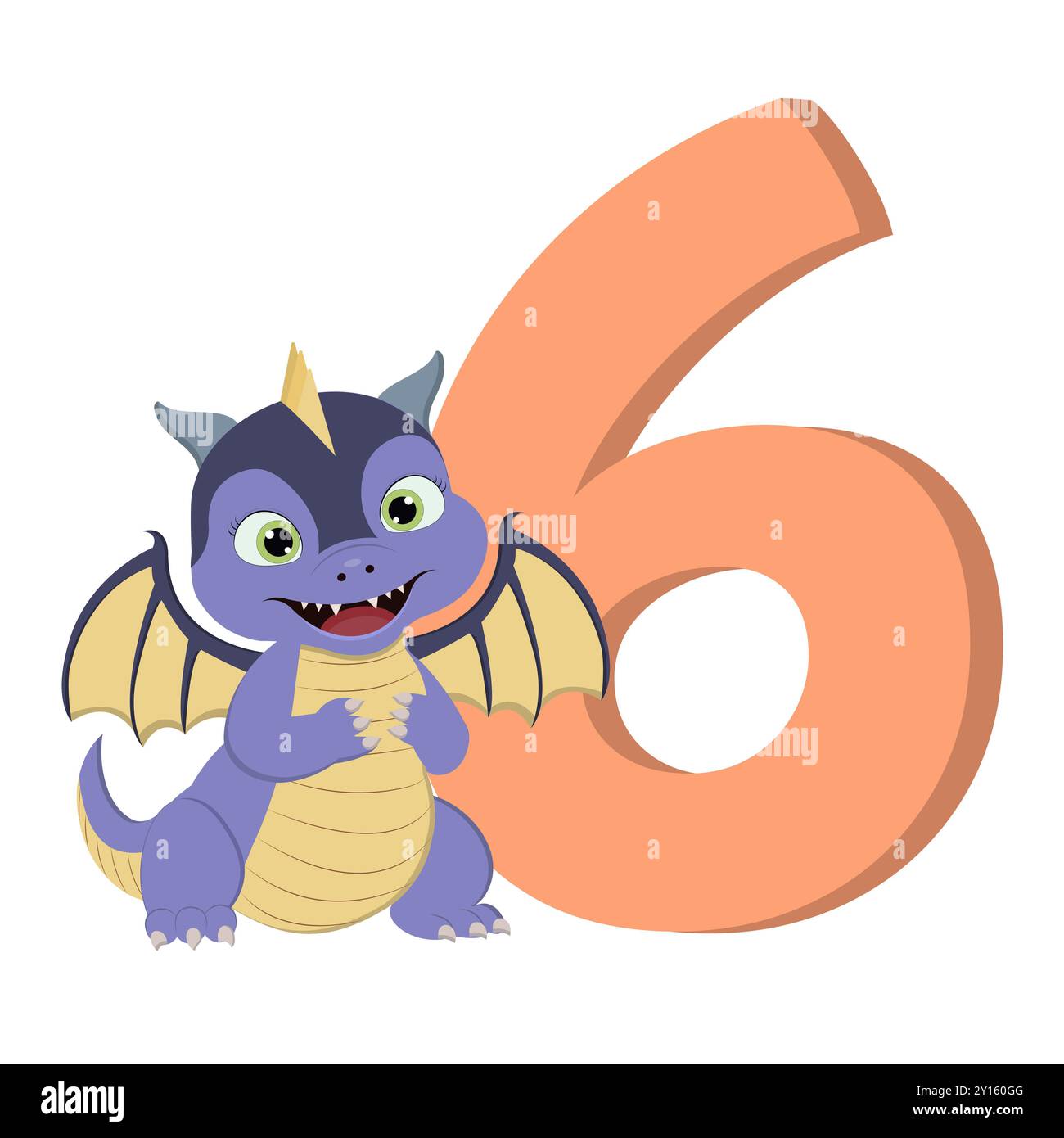 Dragon de dessin animé mignon avec le numéro 6 pour l'anniversaire Banque D'Images