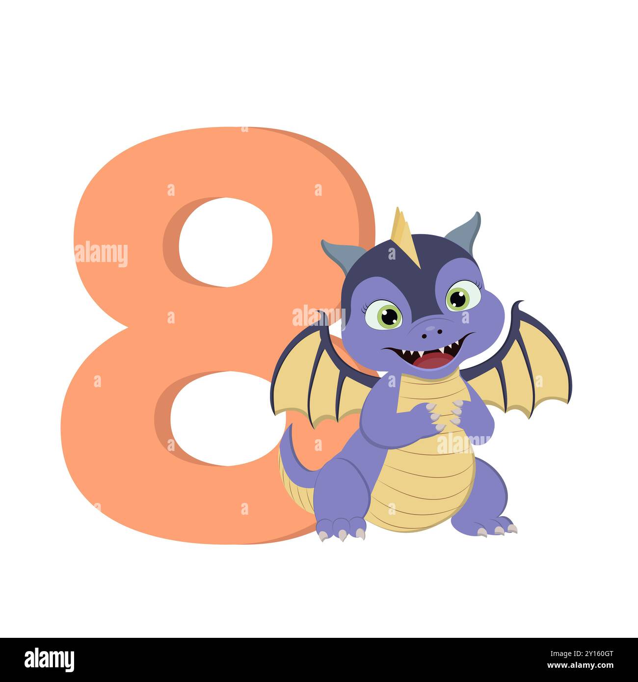 Dragon de dessin animé mignon avec le numéro 8 pour l'anniversaire Banque D'Images