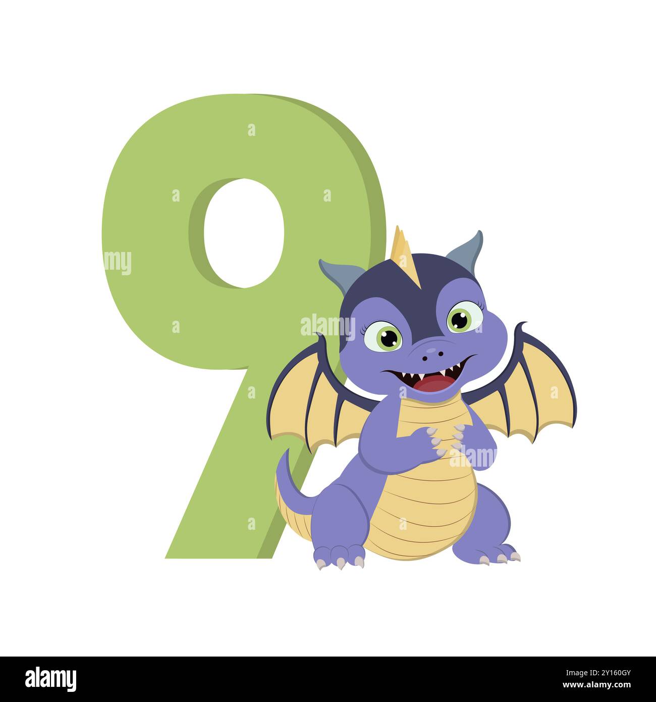 Dragon de dessin animé mignon avec le numéro 9 pour l'anniversaire Banque D'Images