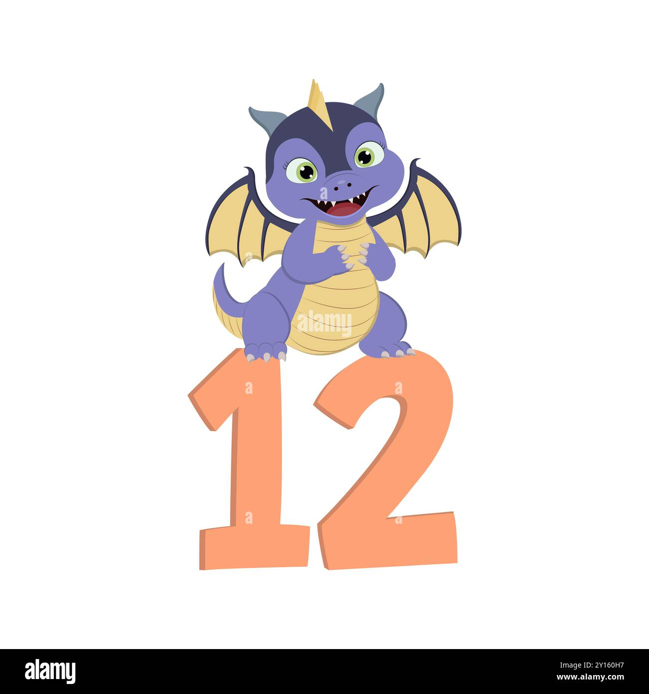 Dragon de dessin animé mignon avec le numéro 12 pour l'anniversaire Banque D'Images