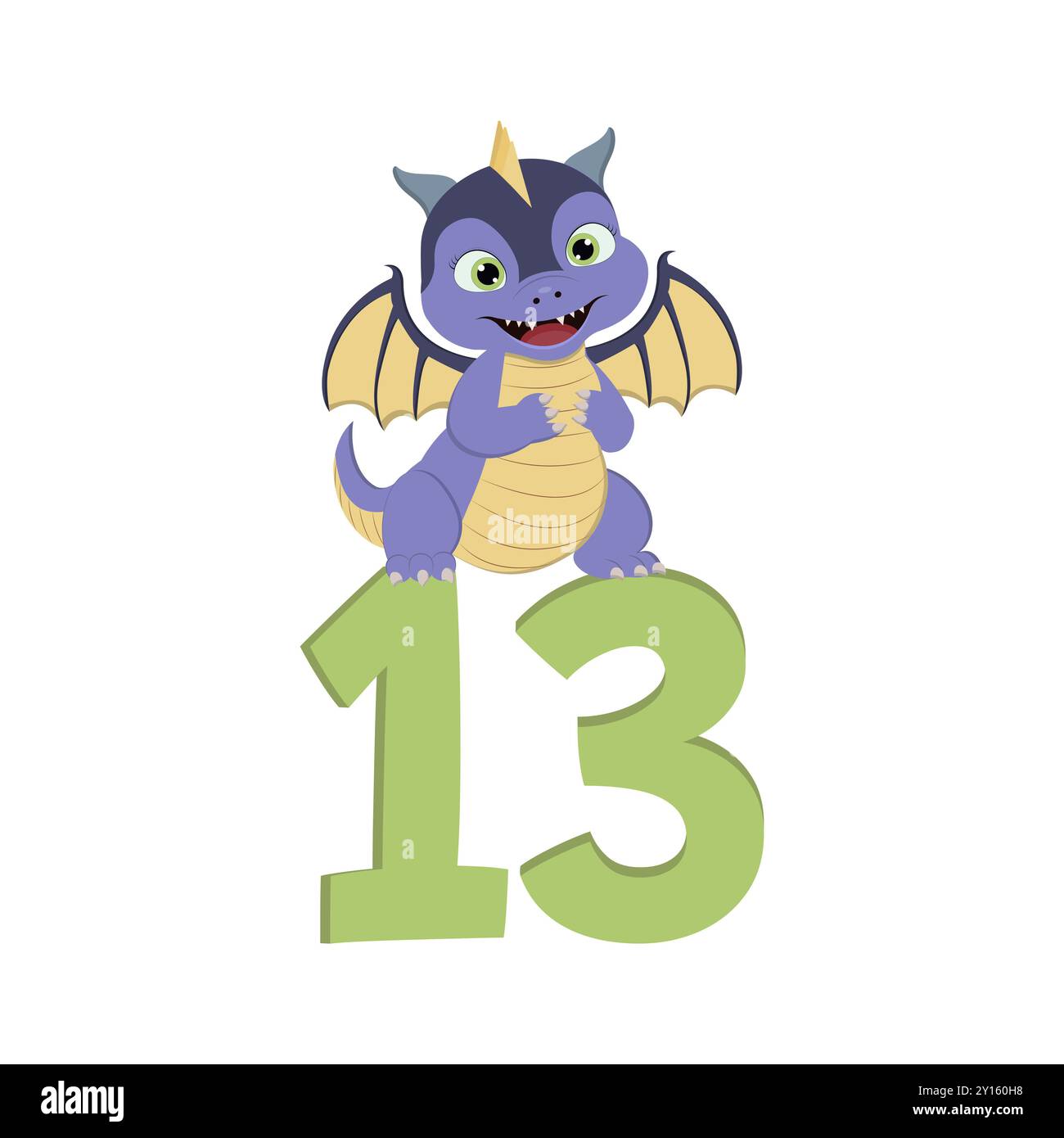 Dragon de dessin animé mignon avec le numéro 13 pour l'anniversaire Banque D'Images