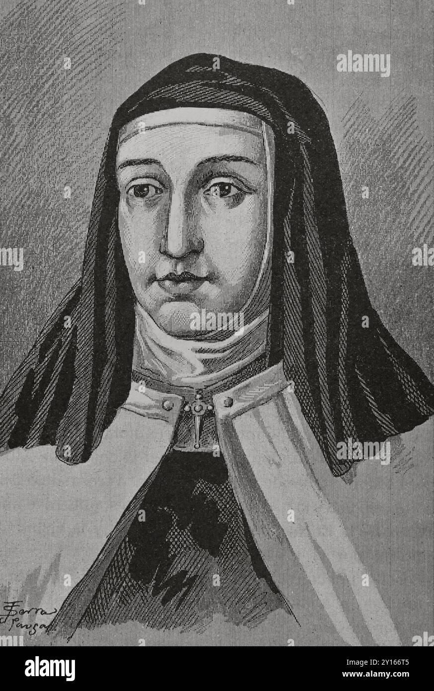 Sainte Thérèse de Jésus (Thérèse d'Avila) (1515-1582). Religieuse espagnole, fondatrice de l'ordre des Carmélites Discalced. Mystique et écrivain. Portrait. Illustration par Serra Pausas. 'Glorias Españolas' (Glories d'Espagne). Volume IV. publié à Barcelone, 1890. Auteur : Joan Serra Pausas (actif 1861-1902). Artiste espagnol. Banque D'Images