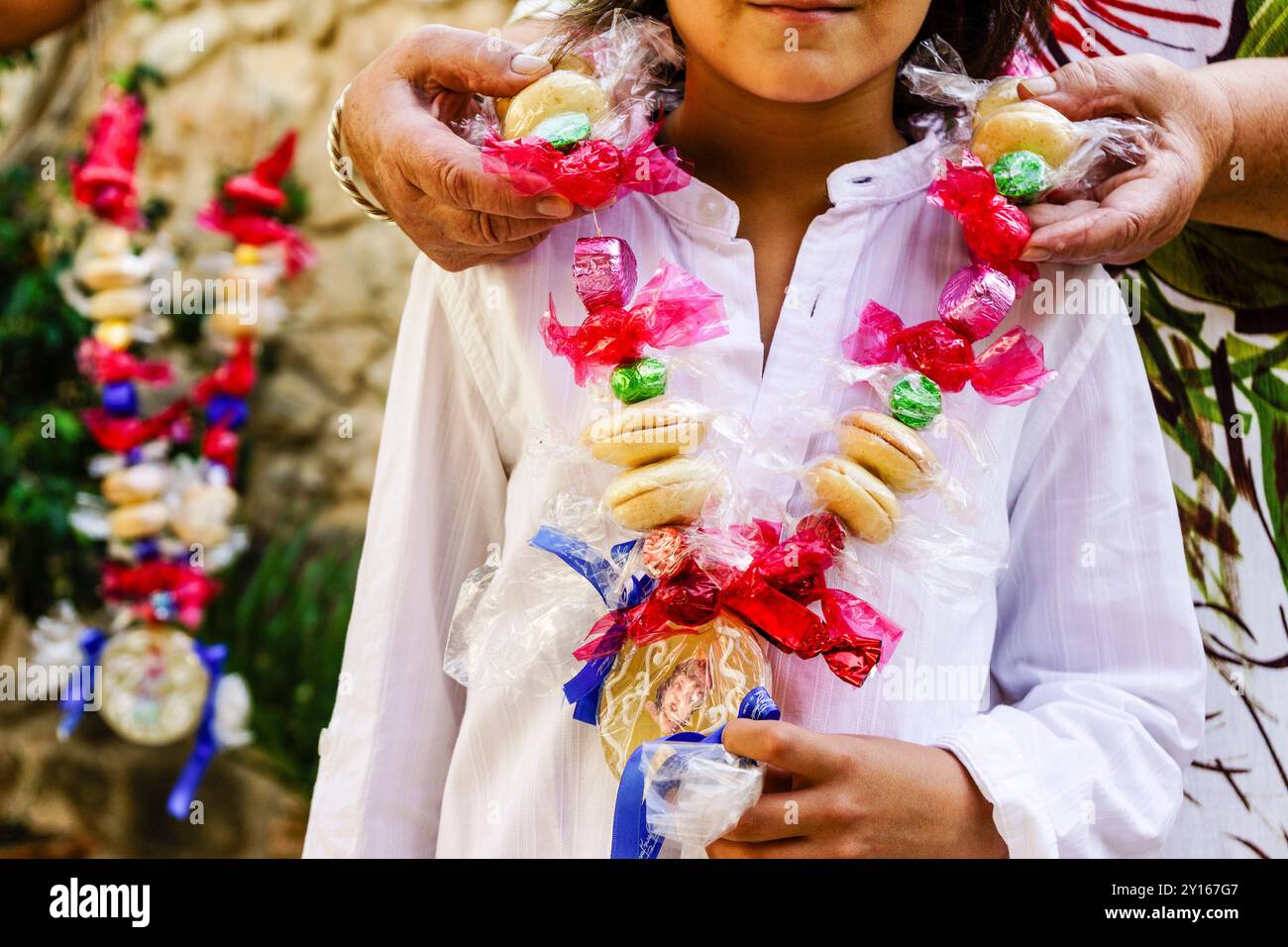 Rosari Ensucrat - chapelet doux, bonbons, caramélisé et citrouille, typique de la Toussaint, Majorque, Îles Baléares, Espagne. Banque D'Images