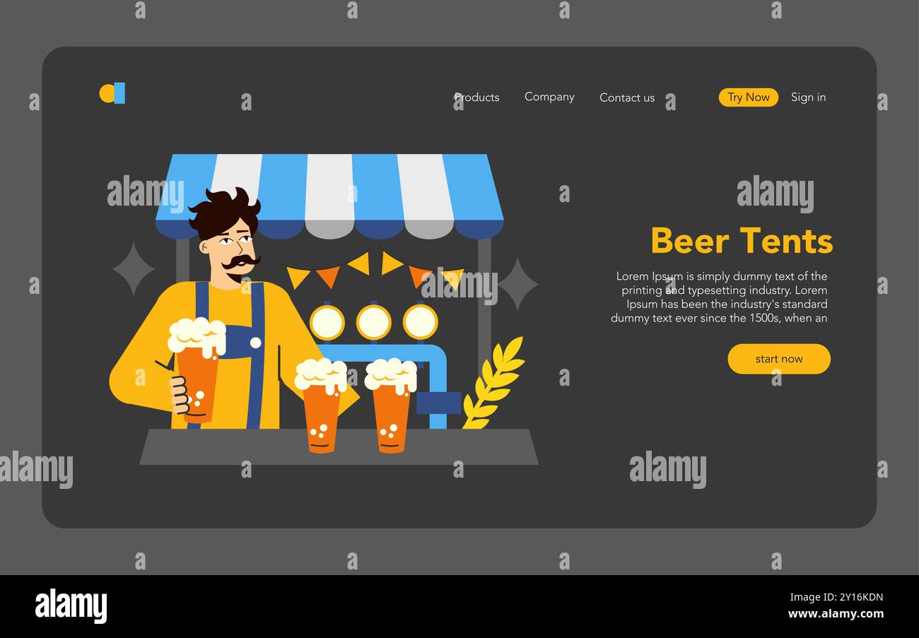 Concept Oktoberfest. Barman servant de la bière mousseuse dans une tente festive avec des décorations joyeuses. Célébrez la culture et le patrimoine allemands. Illustration vectorielle. Illustration de Vecteur