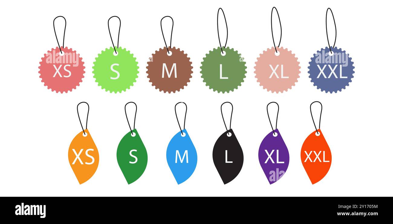 Ensemble avec des icônes de taille de vêtement pour la conception de tissu. TAILLES : XS, S, M, L, XL, XXL. Grand ensemble de taille de vêtement. Illustration de Vecteur