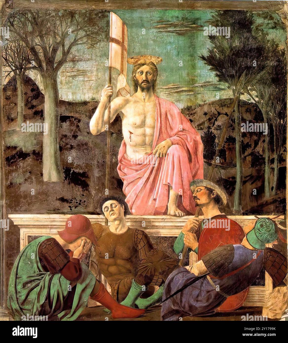 PIERO della FRANCESCA (né en 1416, Borgo San Sepolcro, mort en 1492, Borgo San Sepolcro) Résurrection 1463-65 fresque et tempera, 225 x 200 cm Pinacothèque Comunale, Sansepolcro un des plus grands chefs-d'œuvre de Piero, peint pour sa ville natale, probablement juste avant son voyage à Rome en 1458. Cela illustre la capacité de Piero à utiliser des éléments iconographiques archaïques, appartenant au répertoire des images sacrées populaires, tout en les plaçant dans un contexte culturel et stylistique entièrement nouveau. Dans un cadre, formé sur les côtés par deux fausses colonnes de marbre, la composition est divisée en deux séparats Banque D'Images