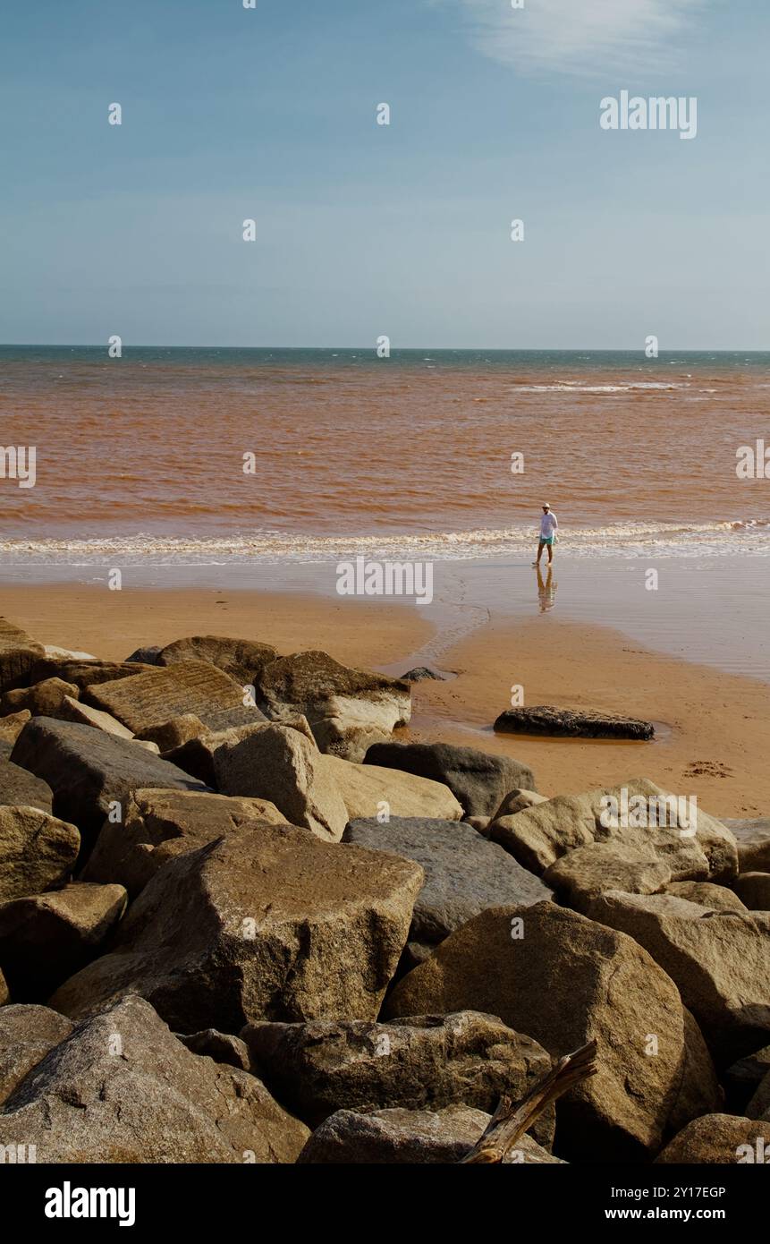 Personne seule, homme marchant sur le sable en face des défenses de la mer Rocheuse sur Sidmouth Town Beach avec l'eau de la mer Rouge en arrière-plan, Sidmouth UK Banque D'Images