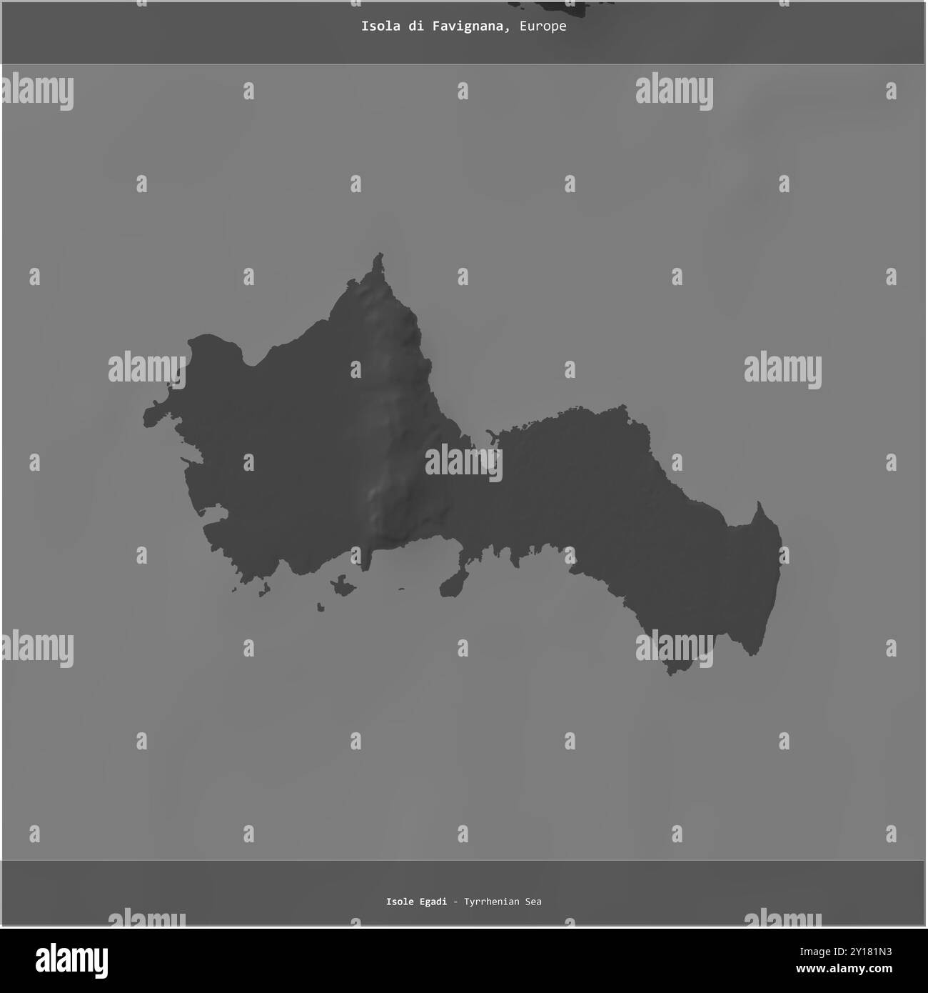 Isola di Favignana dans la mer Tyrrhénienne, appartenant à l'Italie, coupée au carré sur une carte d'altitude à deux niveaux Banque D'Images