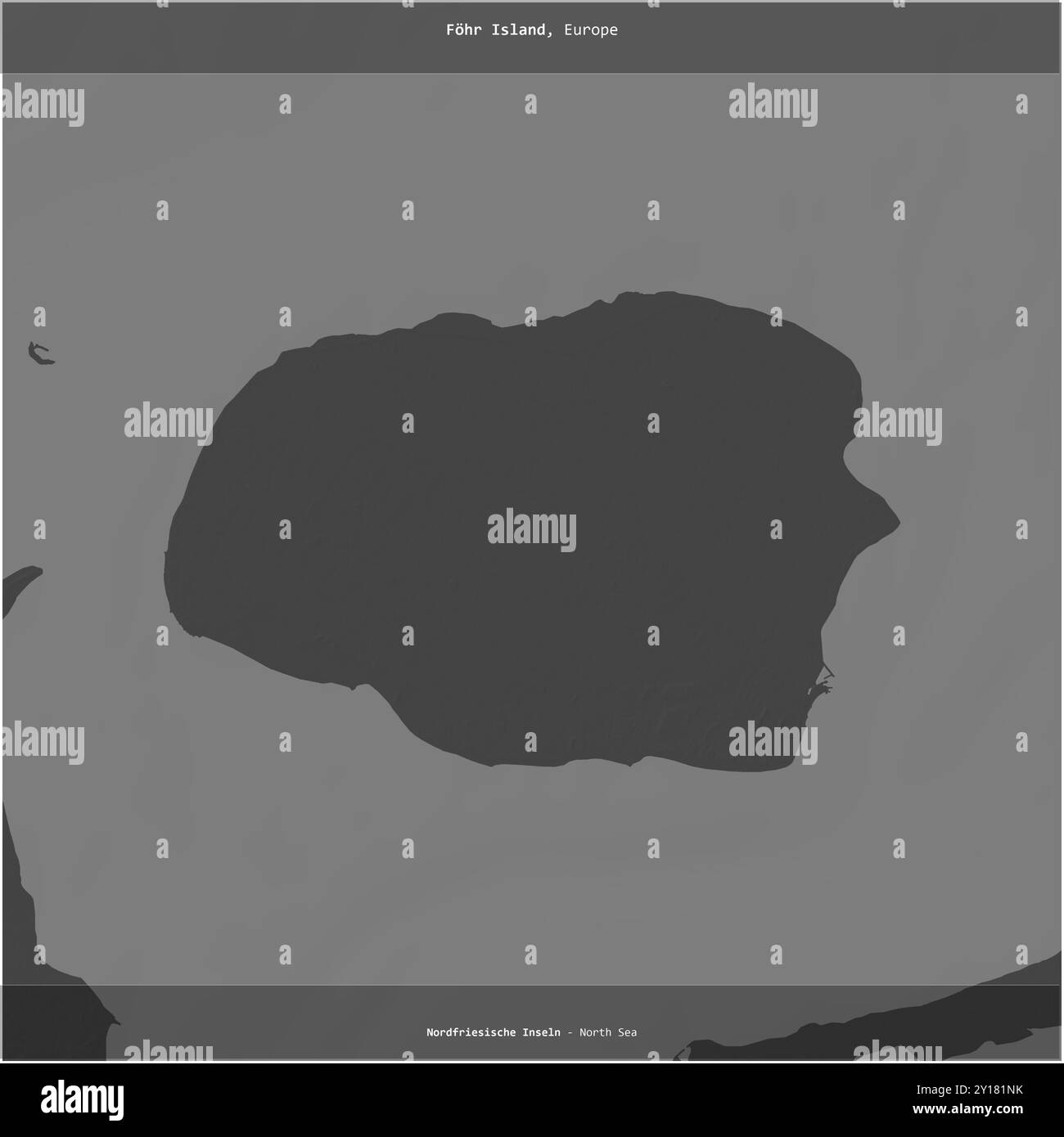 Île Fohr dans la mer du Nord, appartenant à l'Allemagne, coupée en carré sur une carte d'altitude à deux niveaux Banque D'Images
