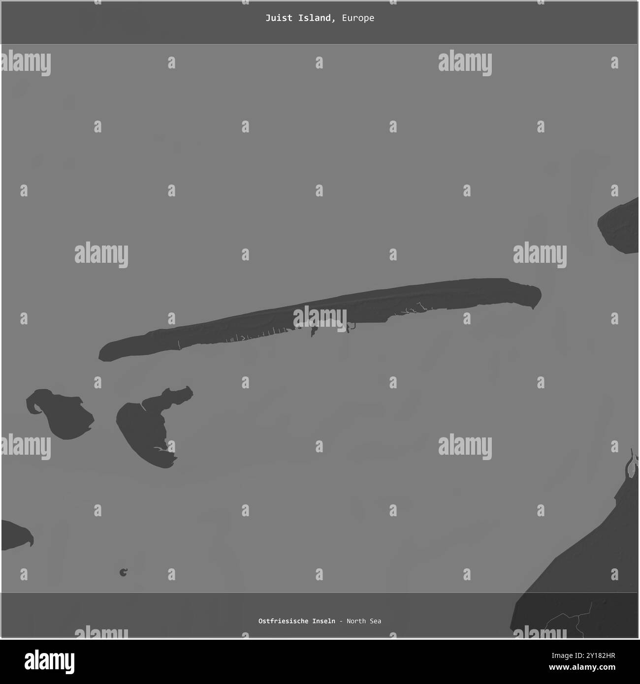 L'île de Juist dans la mer du Nord, appartenant à l'Allemagne, coupée en carré sur une carte d'altitude à deux niveaux Banque D'Images