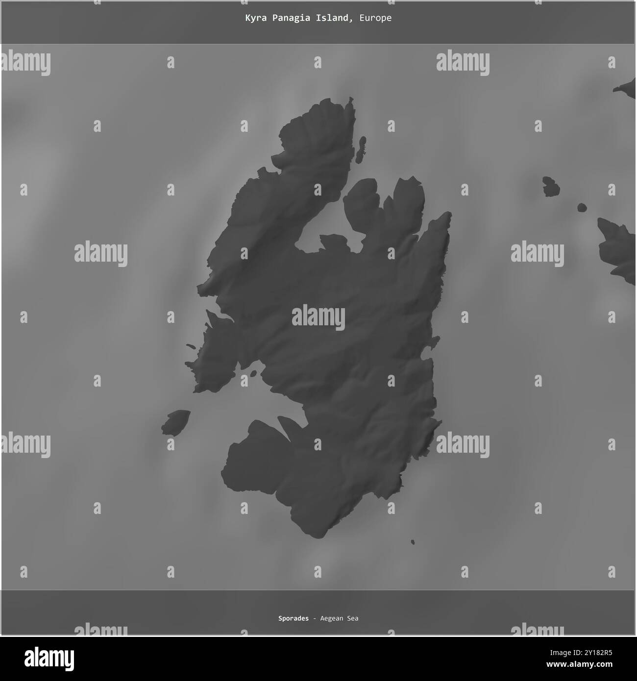 Kyra Panagia île dans la mer Égée, appartenant à la Grèce, coupée au carré sur une carte d'altitude à deux niveaux Banque D'Images