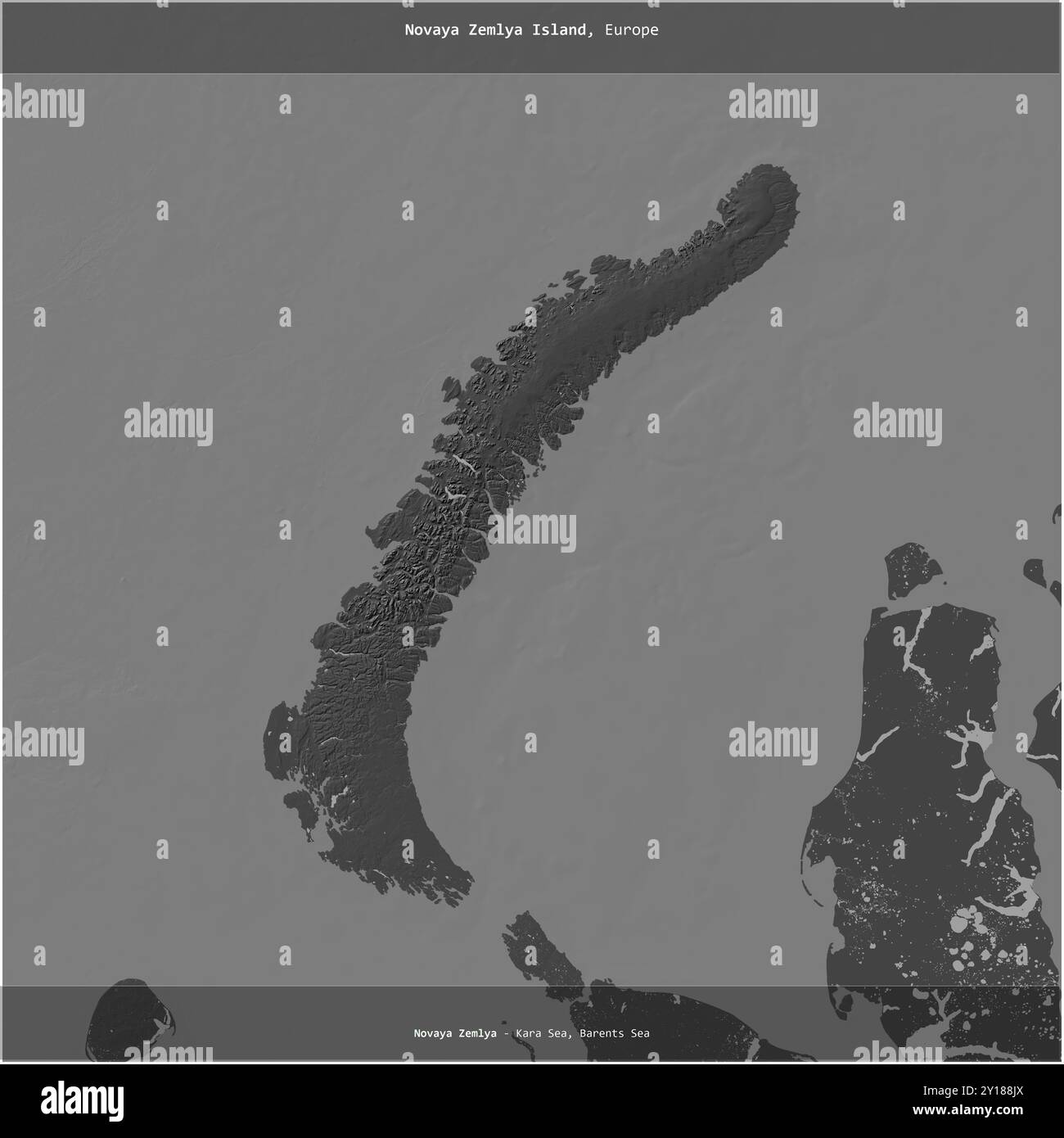 Novaya Zemlya île dans la mer de Kara, appartenant à la Russie, coupée au carré sur une carte d'altitude à deux niveaux Banque D'Images