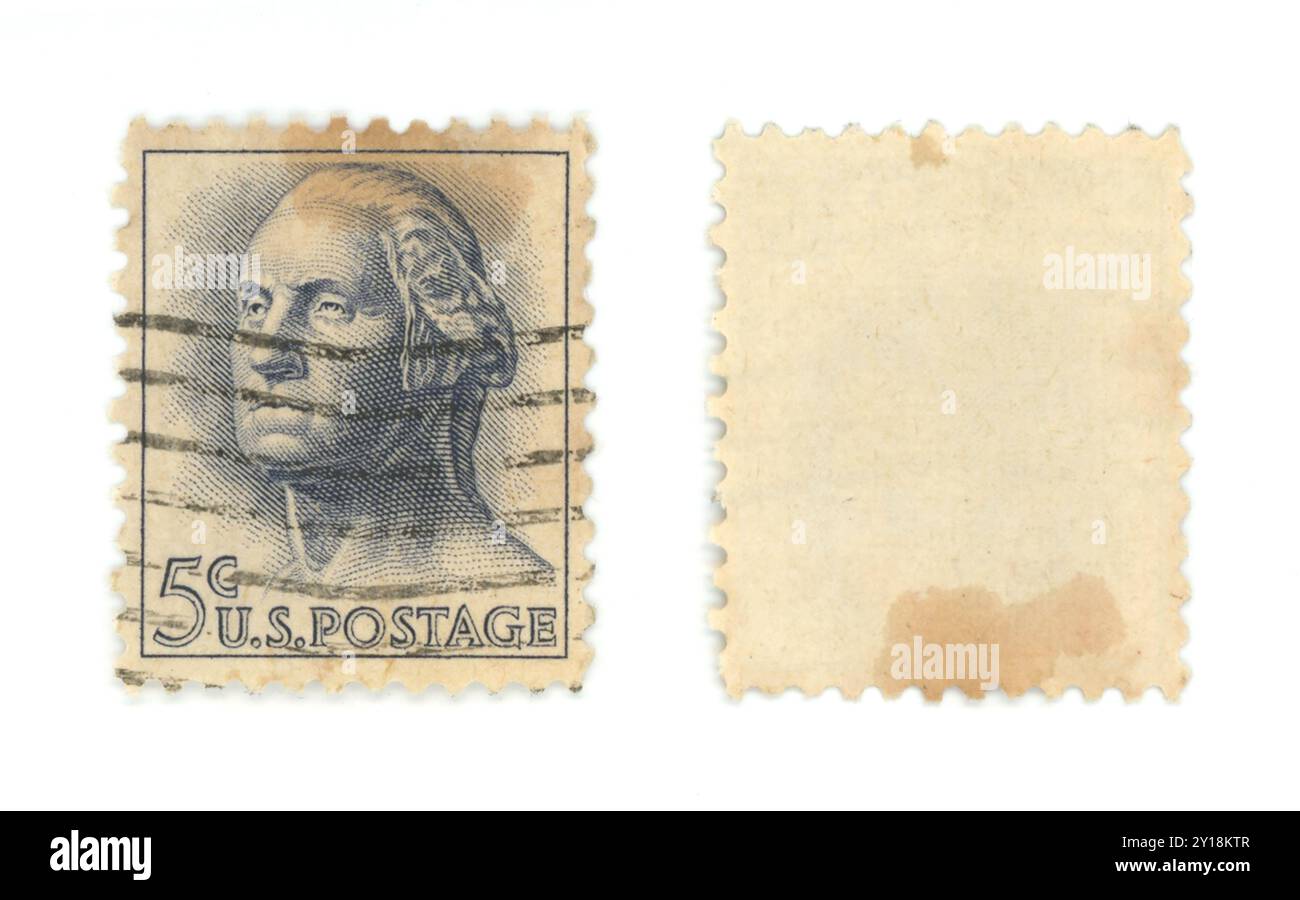 Vintage George Washington timbre postal des États-Unis - 5 cent Collectible - isolé avec à la fois l'avant et l'arrière Banque D'Images