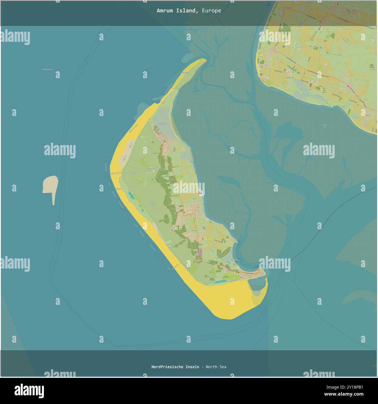 L'île d'Amrum dans la mer du Nord, appartenant à l'Allemagne, a été coupée en carré sur une carte topographique de style humanitaire OSM Banque D'Images