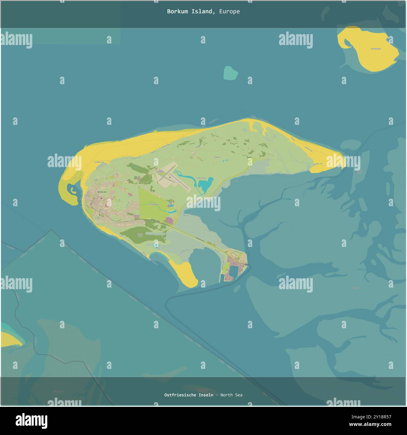 Île Borkum dans la mer du Nord, appartenant à l'Allemagne, coupée en carré sur une carte topographique de style humanitaire OSM Banque D'Images