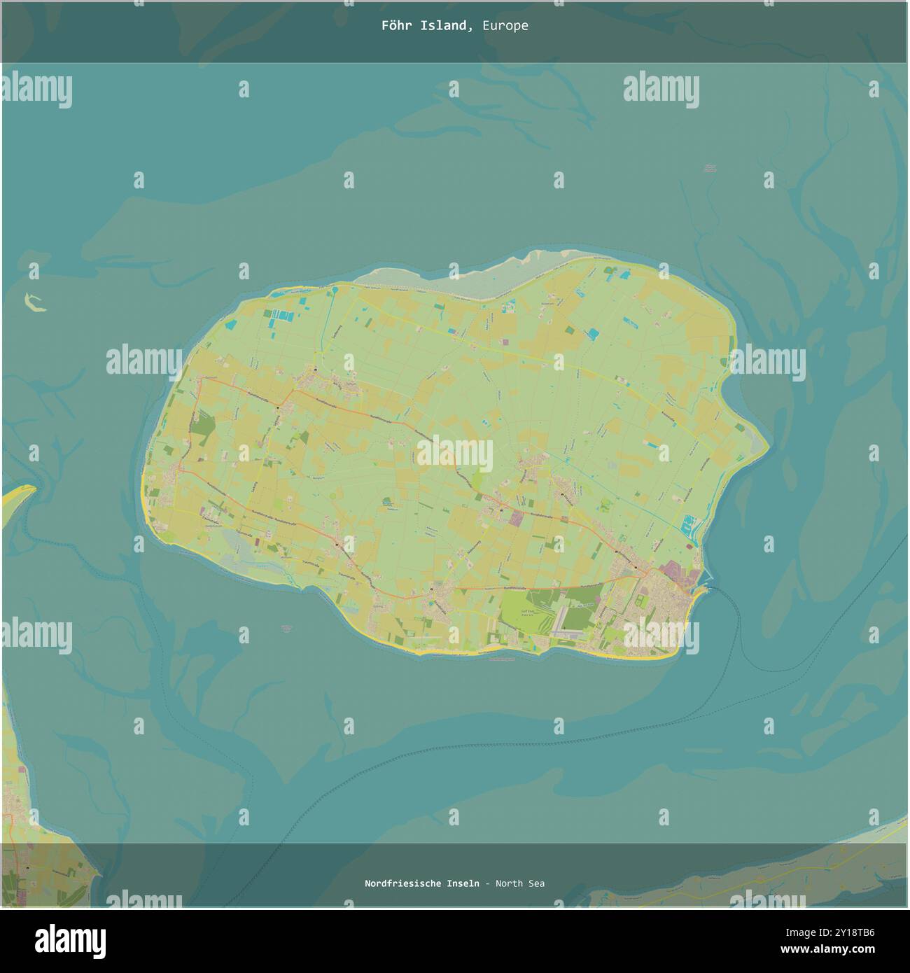 Île Fohr dans la mer du Nord, appartenant à l'Allemagne, coupée en carré sur une carte topographique de style humanitaire OSM Banque D'Images