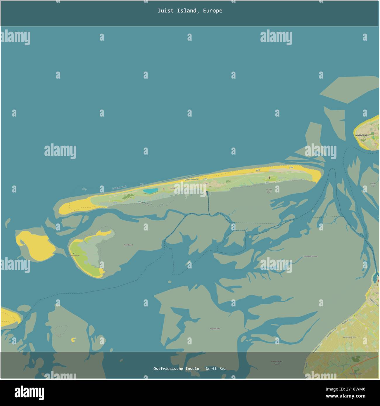Île de Juist dans la mer du Nord, appartenant à l'Allemagne, coupée en carré sur une carte topographique de style humanitaire OSM Banque D'Images