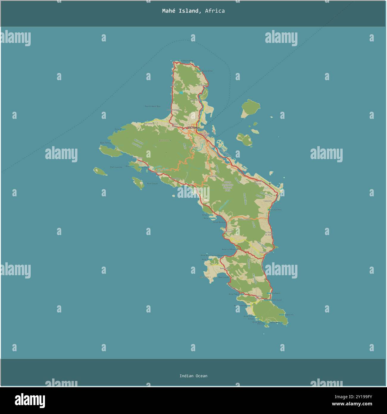 Île de Mahé dans l'océan Indien, appartenant aux Seychelles, coupée en carré sur une carte topographique de style humanitaire OSM Banque D'Images