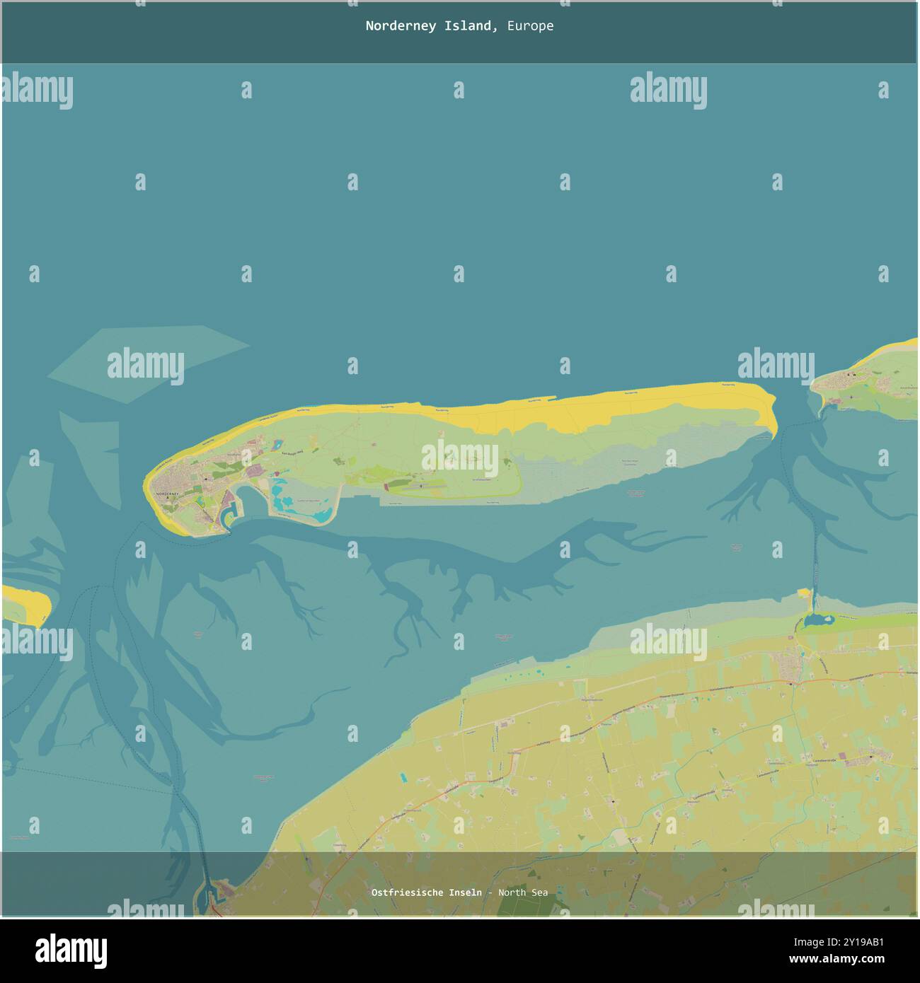 Norderney Island en mer du Nord, appartenant à l'Allemagne, coupée en carré sur une carte topographique de style humanitaire OSM Banque D'Images