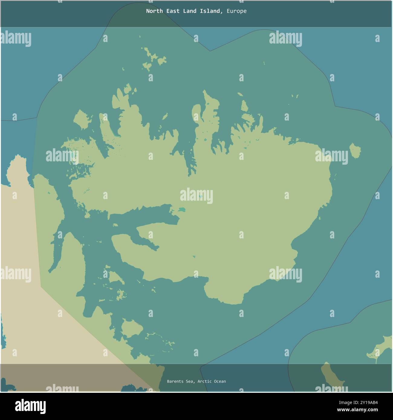 North East Land Island dans la mer de Barents, appartenant à la Norvège, coupée en carré sur une carte topographique de style humanitaire OSM Banque D'Images