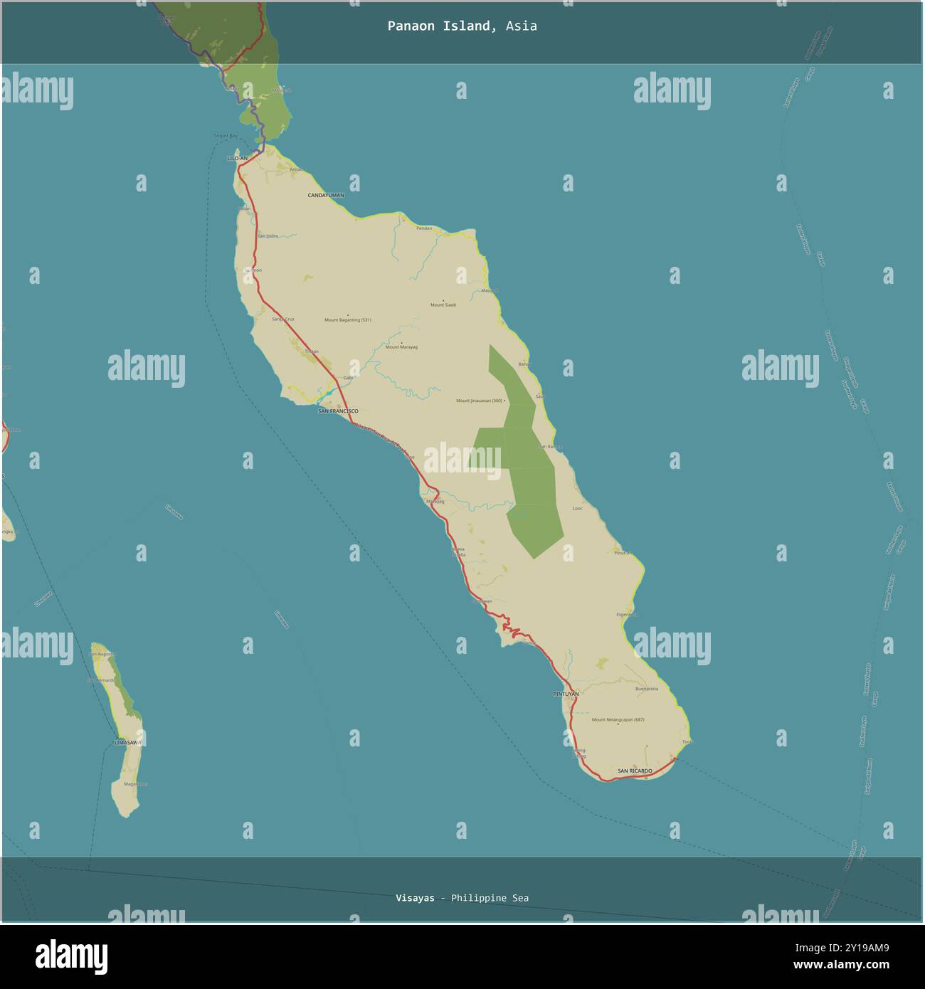Île de Panaon dans la mer des Philippines, appartenant aux Philippines, coupée en carré sur une carte topographique de style humanitaire OSM Banque D'Images