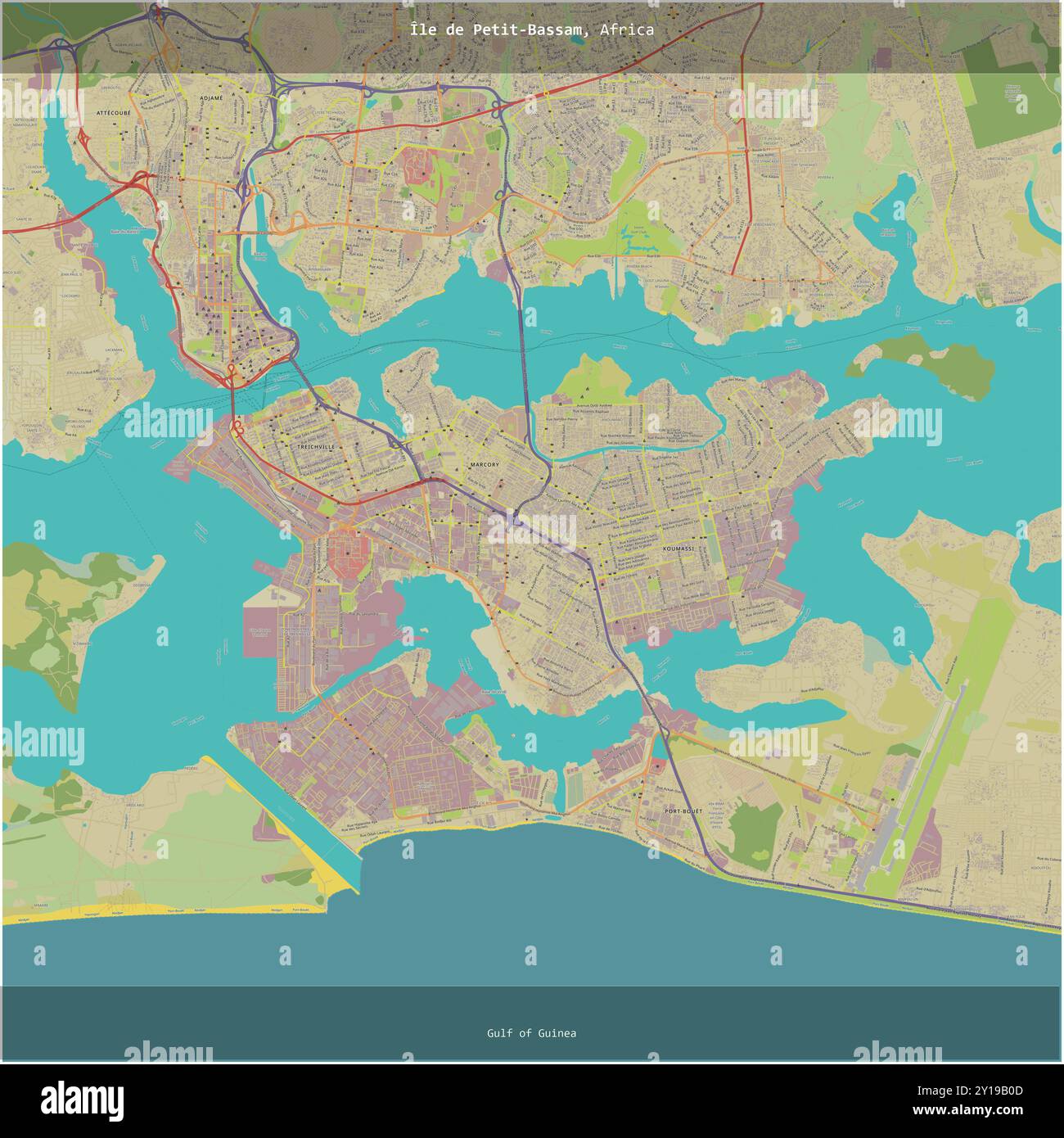 Ile de petit-Bassam dans le golfe de Guinée, appartenant à la Côte d'Ivoire, coupée en carré sur une carte topographique de style humanitaire OSM Banque D'Images